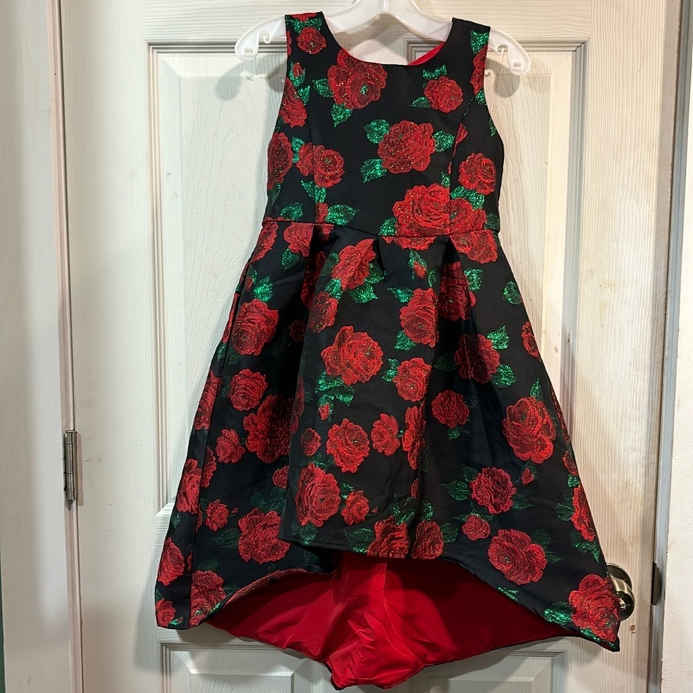 🎄 Gorgeous! Red Metallic Floral Full Christmas Concert Ready High Low Dress sz 7